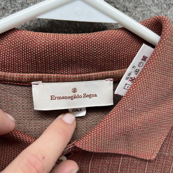 Ermenegildo Zegna Polo Shirt Mens 54 Brown Red Windowpane 100% Cotton Italy - Picture 5 of 11